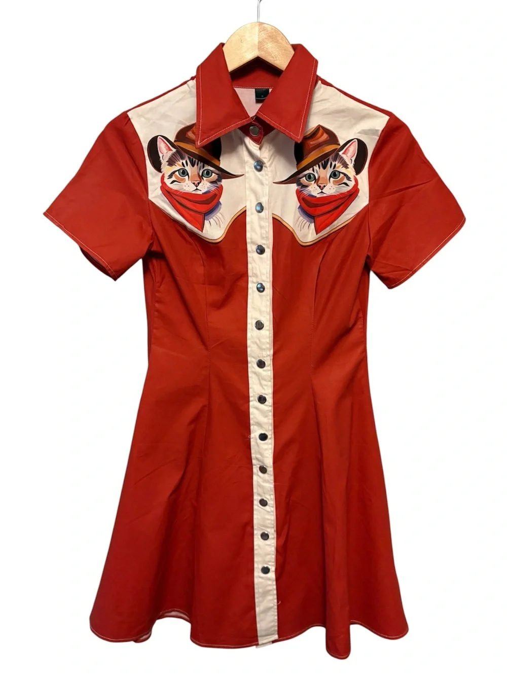 A Western Cute Cat Cowboy Red Cotton Metal Snap Front Dress, Womens size Small